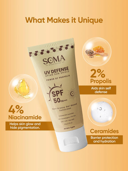 Soma Essential Propolis Based Apian Sunshield, 4% Niacinamide & Ceramides - 50 gm - Pack of 1