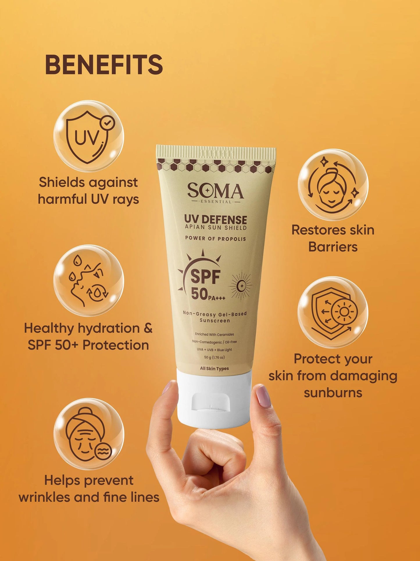 Soma Essential Propolis Based Apian Sunshield, 4% Niacinamide & Ceramides - 50 gm - Pack of 1