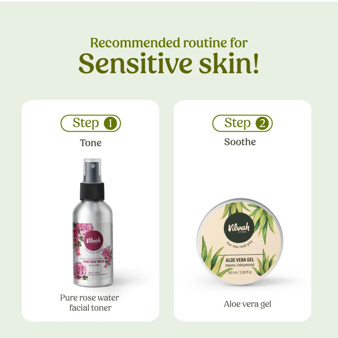 Vilvah Store Sensitive Skin Combo, Aloe Vera Gel + Rose Water For Skin