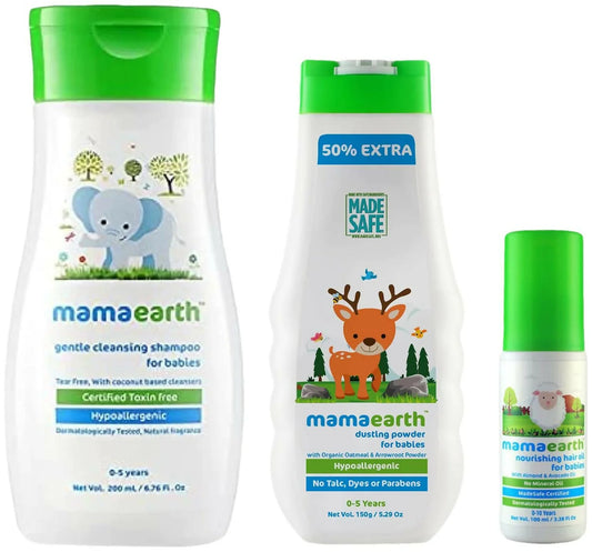 Mamaearth Nourishing Hair Oil & Dusting Powder & Gentle Cleansing Baby Shampoo -combo
