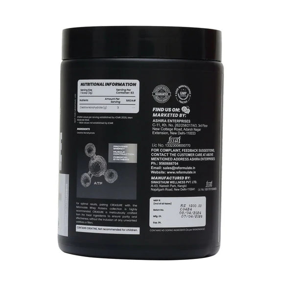 Reformulate Creasure I Creatine Monohydrate I Boost Immune System 3G Of Pure Creatine Nutraceutical - Unflavoured - 250 gm