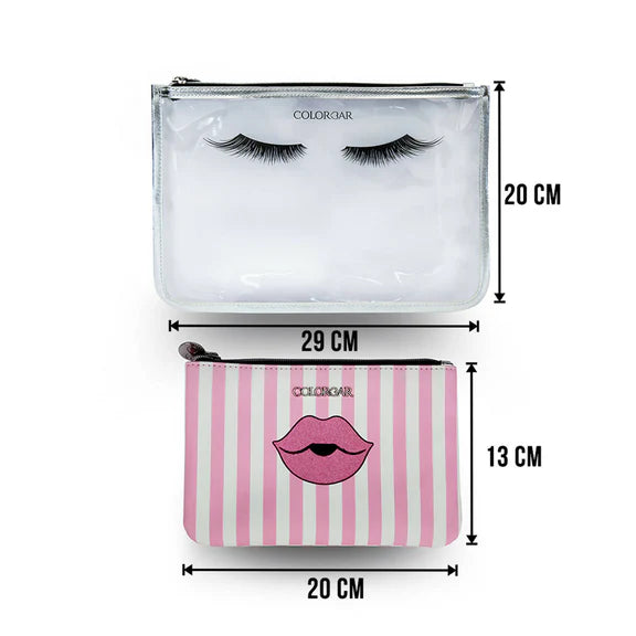 Colorbar Pouch Lips & Lashes Flat Pouches (Set Of Two) - White+Blush Pink - Combo