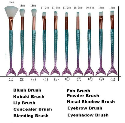 Favon Pack of 10 Professional Mermaid Shaped Makeup Brushes - Combo