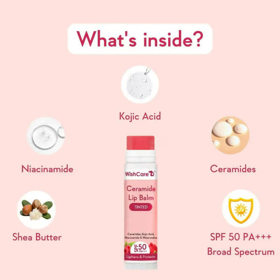 Wishcare Ceramide Lip Balm with SPF50 PA+++ - Tinted - Brightening Balm for Dark Lips with Kojic Acid & Niacinamide - 5 gm