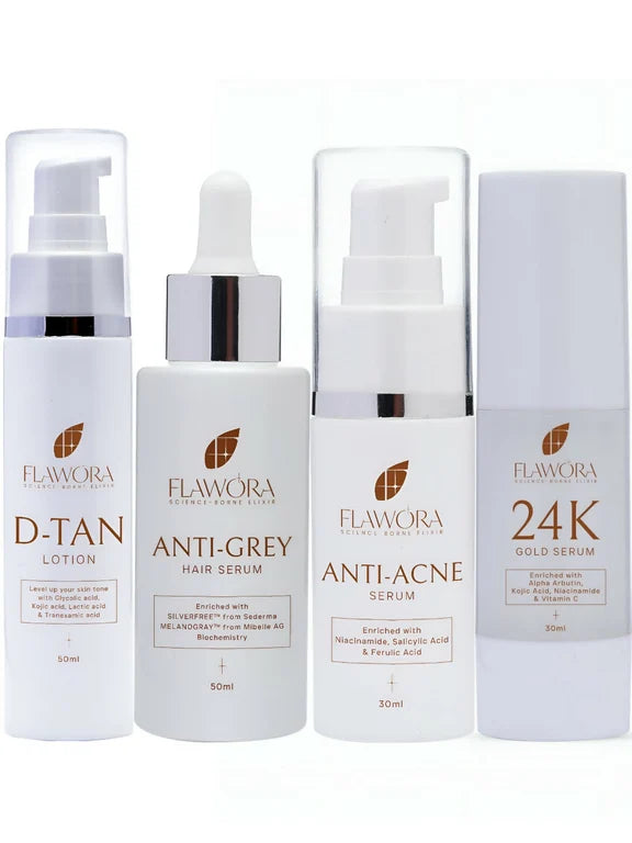 Flawora Set of D-Tan Lotion, Anti Acne Serum, Anti-Grey Hair Serum and Golden Glow Face Serum - combo