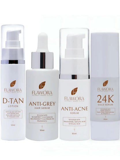 Flawora Set of D-Tan Lotion, Anti Acne Serum, Anti-Grey Hair Serum and Golden Glow Face Serum - combo