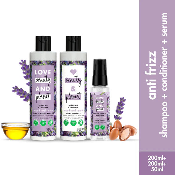 Love Beauty And Planet Argan Oil And Lavender Anti Frizz Shampoo Conditioner & Hair Serum Combo - combo