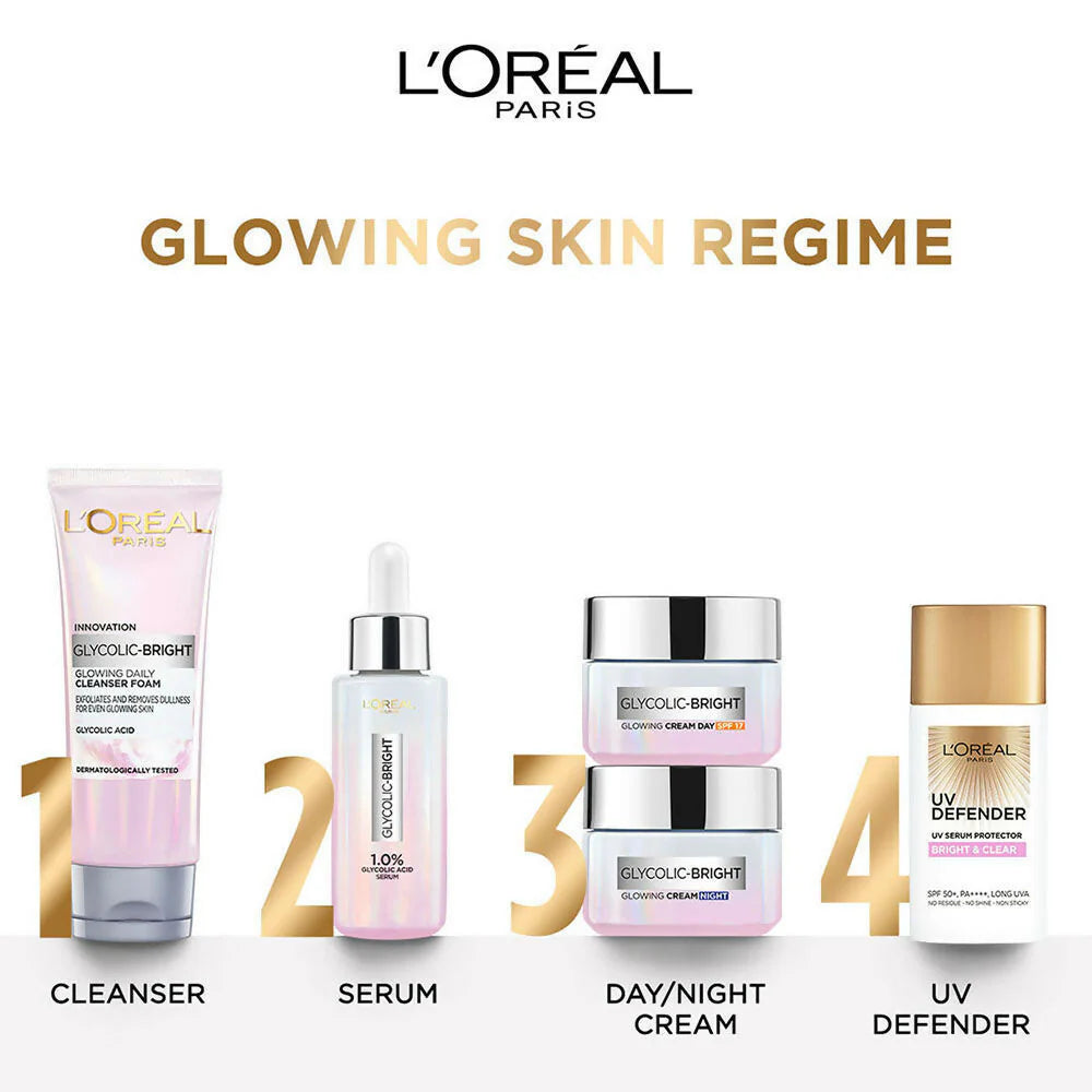 L'Oreal Paris Glycolic Acid Glowing And Protecting CSMS (Cleanser, Serum, Moisturizer, Sunscreen) Regime Kit -kit