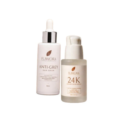Flawora Set of Anti-Grey Hair Serum and Golden Glow Face Serum - combo