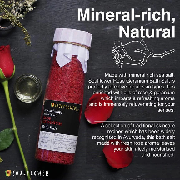 Soulflower Aromatherapy Essential Oil Rose Geranium Bath Salt - 500 gm