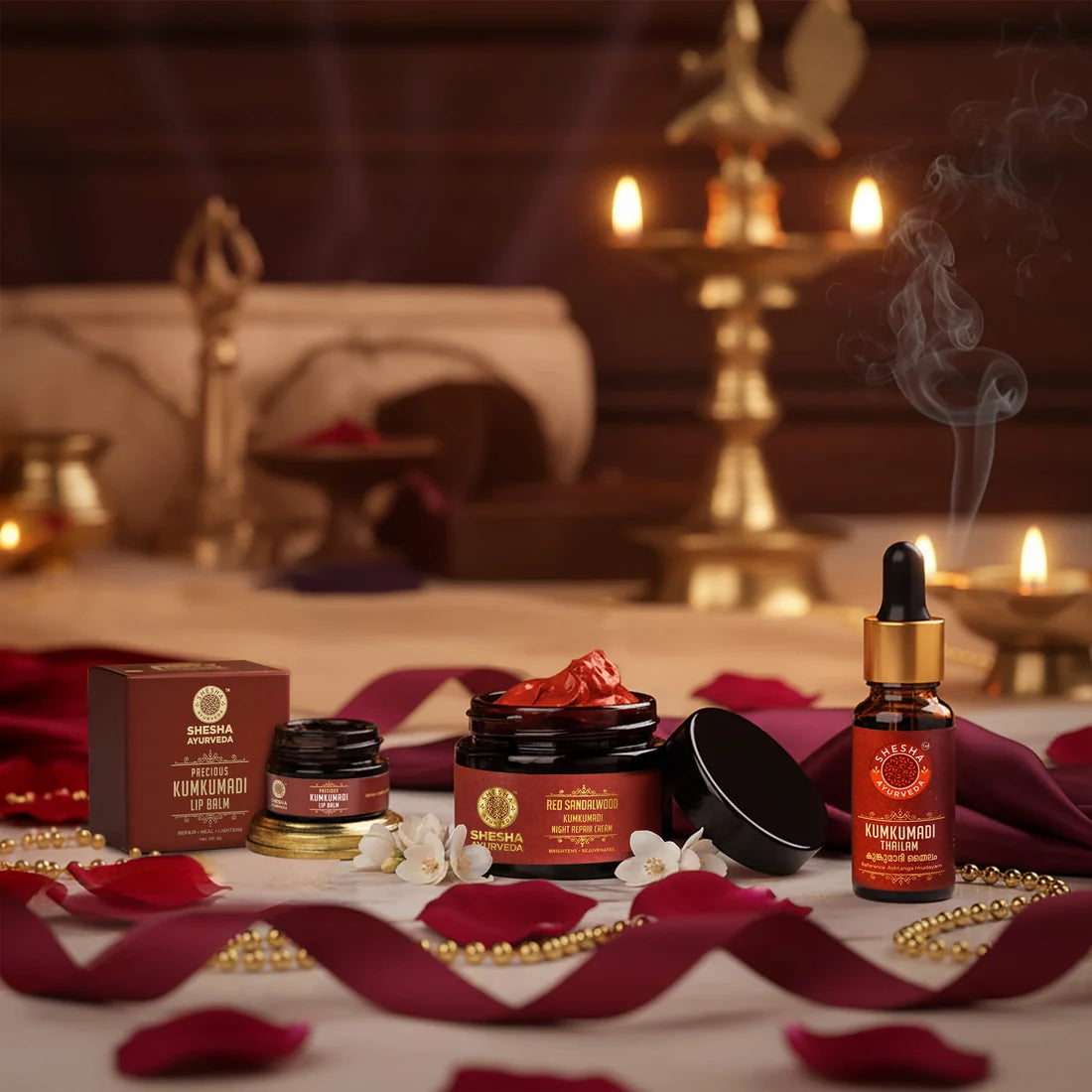 Glow Up March Trio | As Seen on Shark Tank India - Red Sandalwood Night Cream + Kumkumadi Lip Balm + Kumkumadi Thailam
