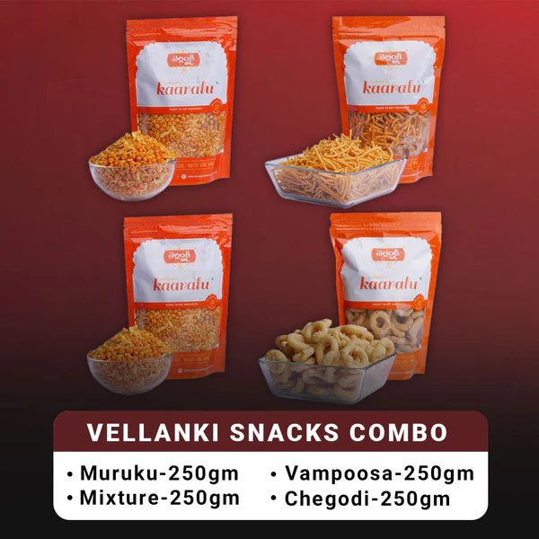 Vellanki Foods Namkeen Combo Pack (250g Each) - Muruku, Chegodi, Vampoosa, Mixture - combo