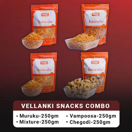 Vellanki Foods Namkeen Combo Pack (250g Each) - Muruku, Chegodi, Vampoosa, Mixture - combo
