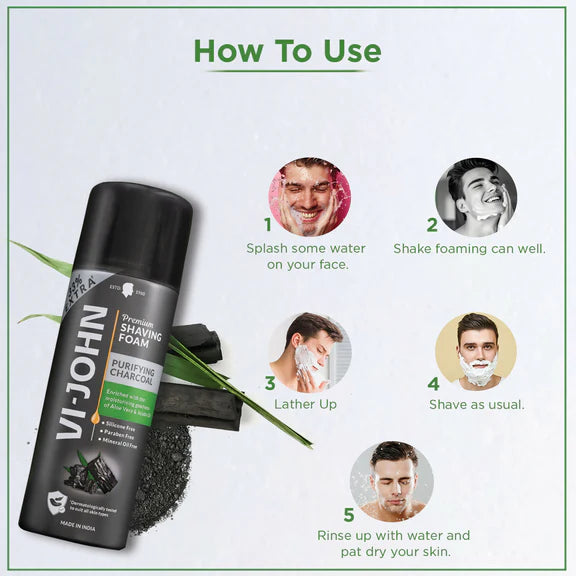 VI-JOHN Dermatologically Tested Premium Purifying Charcoal Shaving Foam Enriched with Aloevera & Jojoba Oil Free From Silicone, Paraben & Mineral Oil - 200 gm