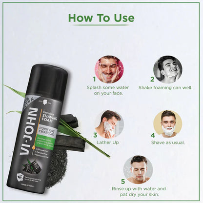 VI-JOHN Dermatologically Tested Premium Purifying Charcoal Shaving Foam Enriched with Aloevera & Jojoba Oil Free From Silicone, Paraben & Mineral Oil - 200 gm