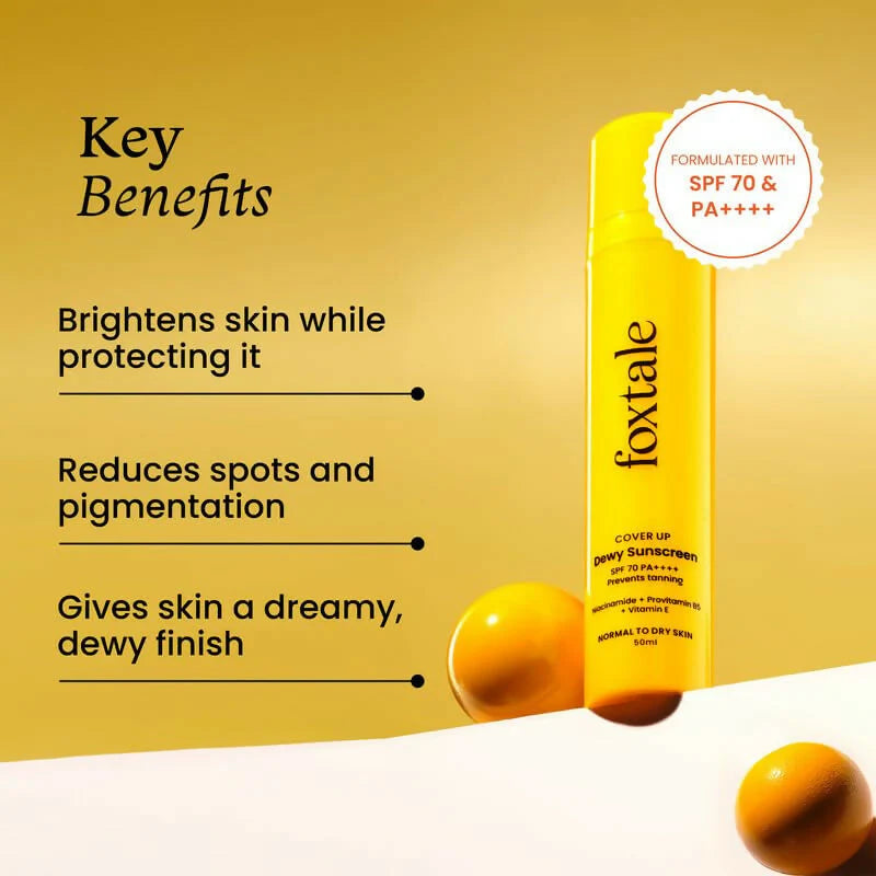 Foxtale Dewy Sunscreen SPF 70 PA++++ With Niacinamide + Provitamin B5 + Vitamin E - Anti-Tan Formula & Spot Depigmentation
