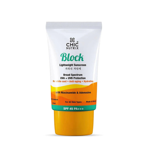 Chicnutrix Korean Block Lightweight Sunscreen SPF 45 PA+++ UVA + UVB Protection, Reduces Fine Lines And Wrinkles, Korean Skincare