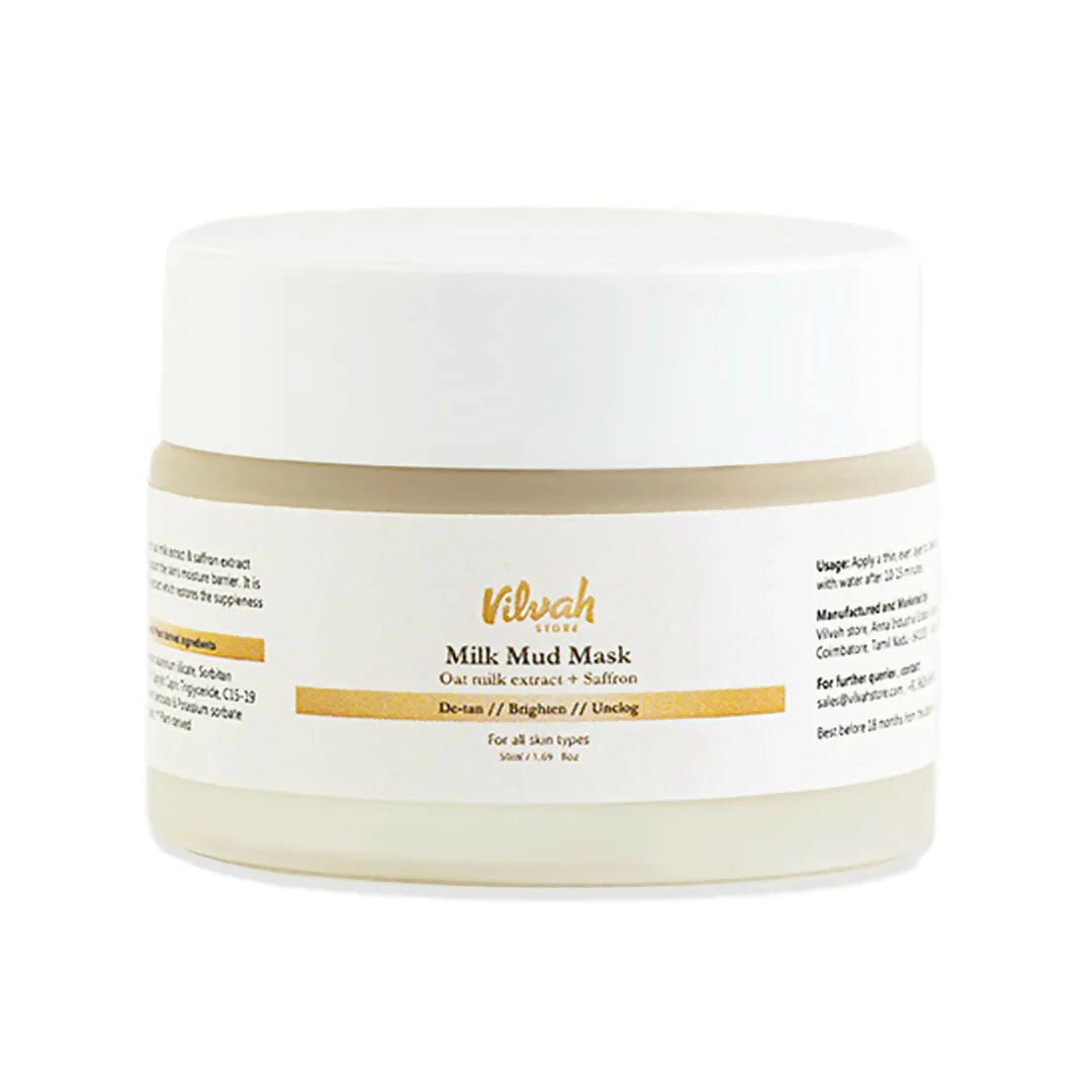 Vilvah Store Milk Mud Mask For Detan, Skin Brightening With Oat Milk Extract & Saffron Extract