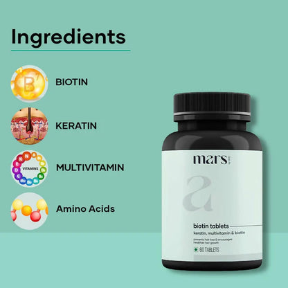 Mars By GHC Hair Biotin Tablets with Keratin, Amino Acids, Grape Seed - 60 tabs