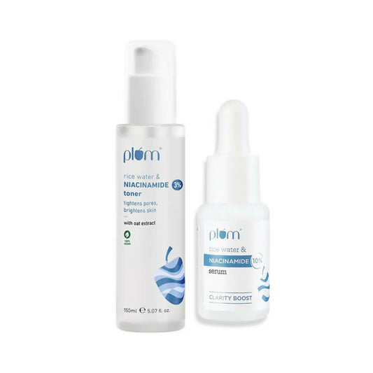 Plum 3% Niacinamide Alcohol-Free Toner With Rice Water and 10% Niacinamide Brightening Face Serum Combo - combo