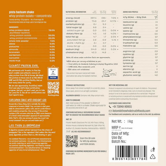 The Whole Truth Whey Protein Isolate+Concentrate - Pista Badaam Shake - 1 kg