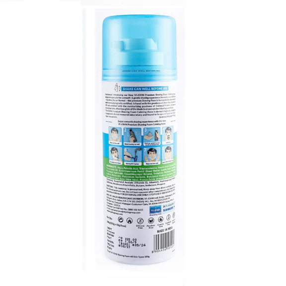 VI-JOHN Dermatologically Tested Premium Claming Aqua Shaving Foam Enriched with Aloevera & Almond Oil Free From Silicone, Paraben & Mineral Oil - 200 gm