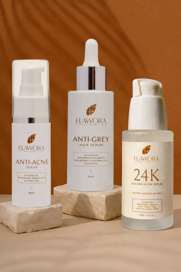 Flawora Set of Anti-Grey Hair Serum, Anti Acne Serum and Golden Glow Face Serum - combo