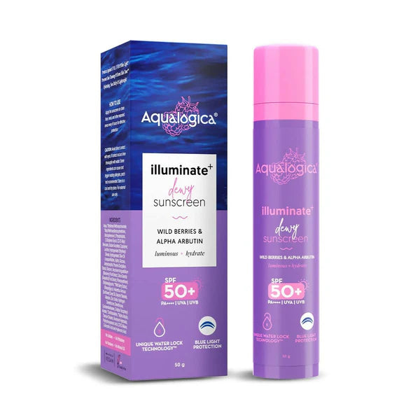 Aqualogica Illuminate+ Dewy Sunscreen SPF 50+ PA++++ with Wild Berries & Alpha Arbutin, Protection Against Uva/B & Blue Light Protection - 30 gm
