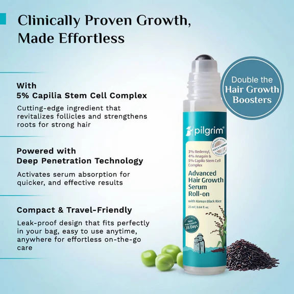 Pilgrim 3% Redensyl, 4% Anagain & 5% Capilia Stem Cell Complex Advanced Hair Growth Serum Roll-On - 25 ml