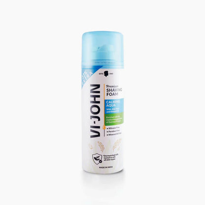 VI-JOHN Dermatologically Tested Premium Claming Aqua Shaving Foam Enriched with Aloevera & Almond Oil Free From Silicone, Paraben & Mineral Oil - 200 gm