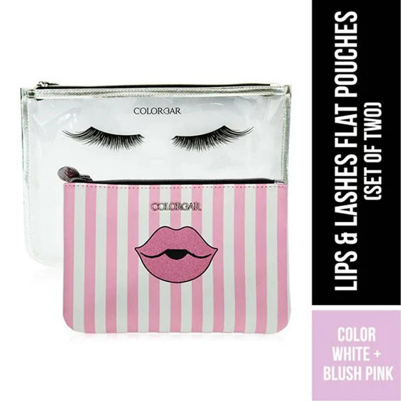 Colorbar Pouch Lips & Lashes Flat Pouches (Set Of Two) - White+Blush Pink - Combo