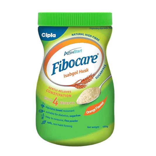 Cipla Fibocare Isabgol Husk Powder | Sugar Free - Orange Flavor - 100 gm