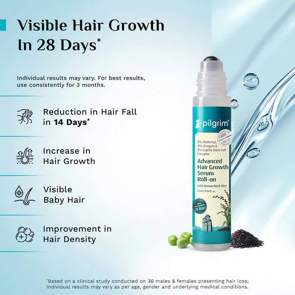 Pilgrim 3% Redensyl, 4% Anagain & 5% Capilia Stem Cell Complex Advanced Hair Growth Serum Roll-On - 25 ml