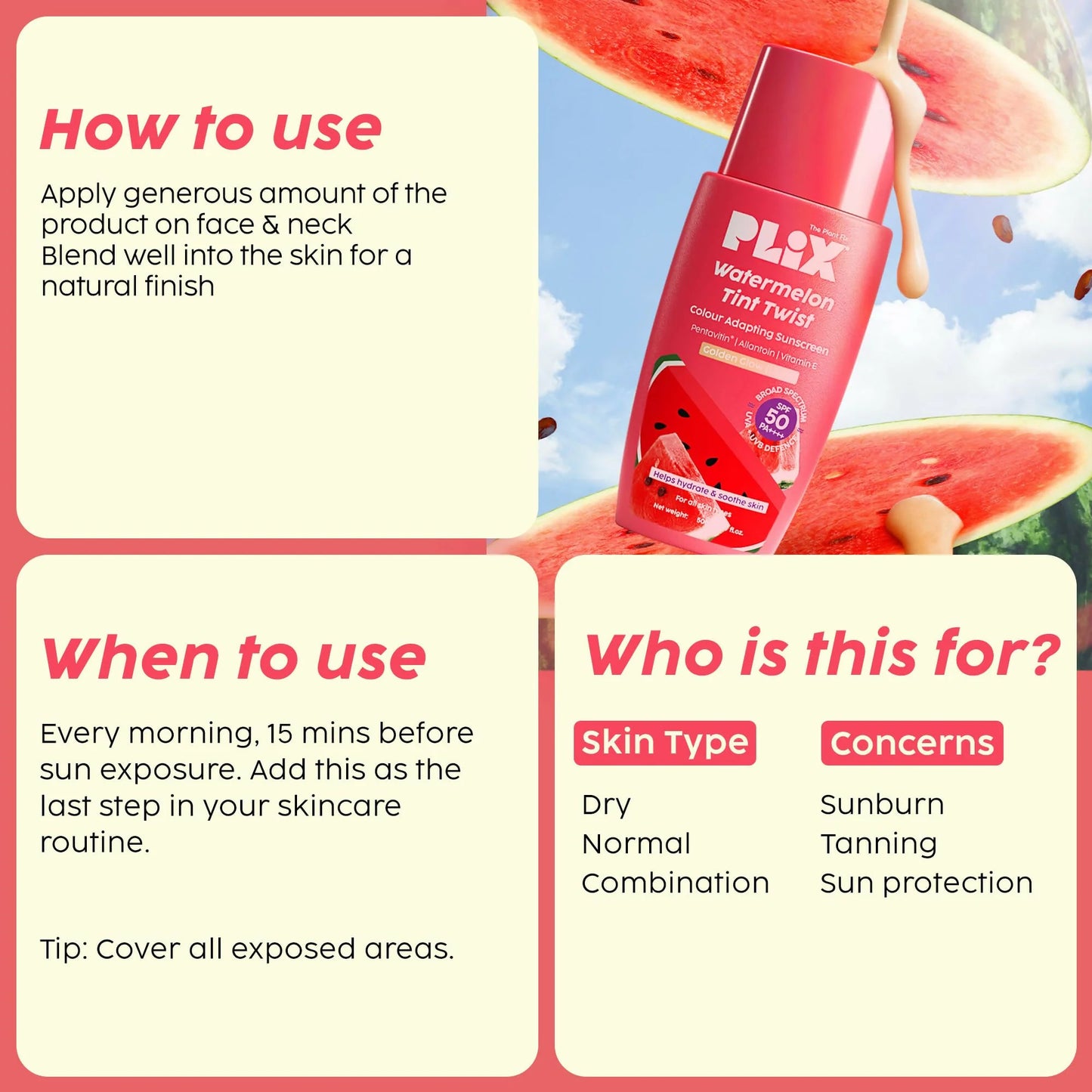 PLIX The Plant Fix Watermelon Tint Twist Color-Adapting Sunscreen For Light Coverage & Instant Glow - 50 ml - Golden Glow (Light)