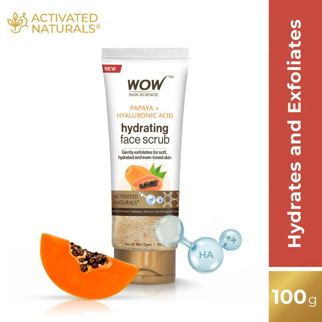 WOW Skin Science Papaya and Hyaluronic Acid Hydrating Face Scrub for Gently Exfoliates, Unclogs Pores