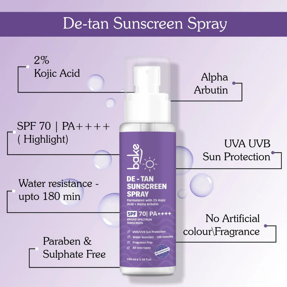 Bake De-tan Waterproof Sunscreen Spray SPF 70 PA+++ with 2% Kojic Acid - 100 ml