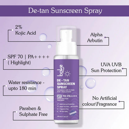 Bake De-tan Waterproof Sunscreen Spray SPF 70 PA+++ with 2% Kojic Acid - 100 ml