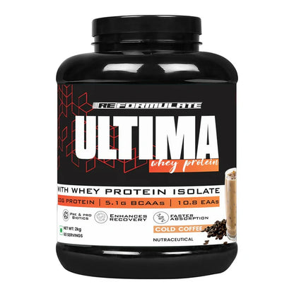 Reformulate Ultima I Whey Protein with Isolate I 23 G Protein I 5.1G BCAA I 10.8 EAA I Pre & Probiotics - Cold Coffee - 2 kg