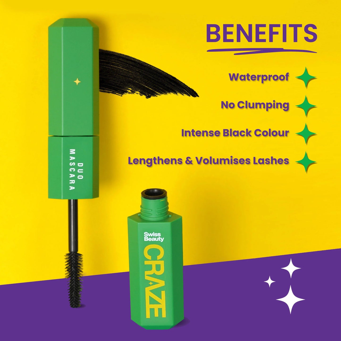 Swiss Beauty CRAZE Duo Mascara Volumizes and Lengthens Lashes With Non- Flaking Finish - Black - 20 ml