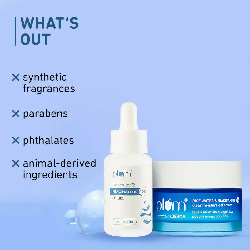 Plum Niacinamide Serum & Moisturizer Duo With Rice Water - Fades Blemishes, Hydrates & Brighten Skin - combo