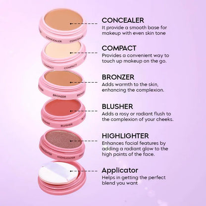 Gleva 5 In 1 Makeup stack Gleva 5 In 1 Makeup stack WIth Concealer, Bronzer, Blusher, Compact & Highlighter Smooth & Blendable Formula - Fair - 20 gm