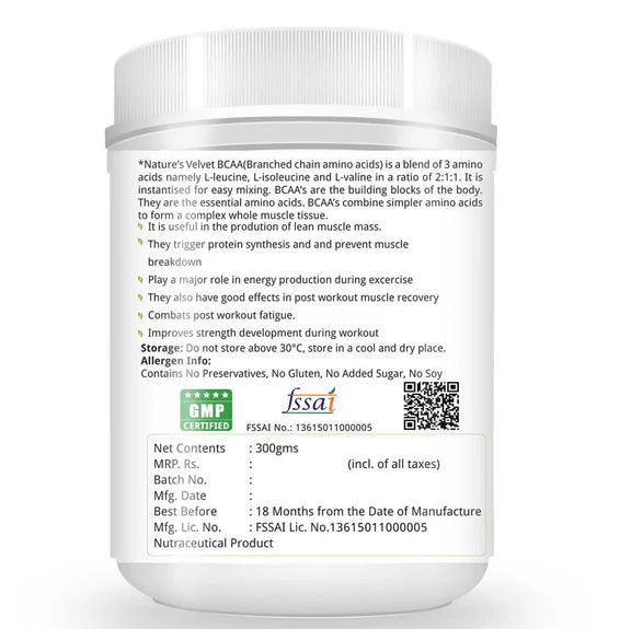 Nature's Velvet BCAA L-Leucine, L-Valine, L-Isoleucine Powder - 300 gm