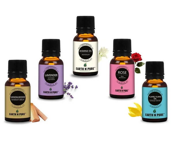 Earth N Pure Lavender, Sandalwood, Jasmine, Rose and Ylang Ylang Essential Oil - combo