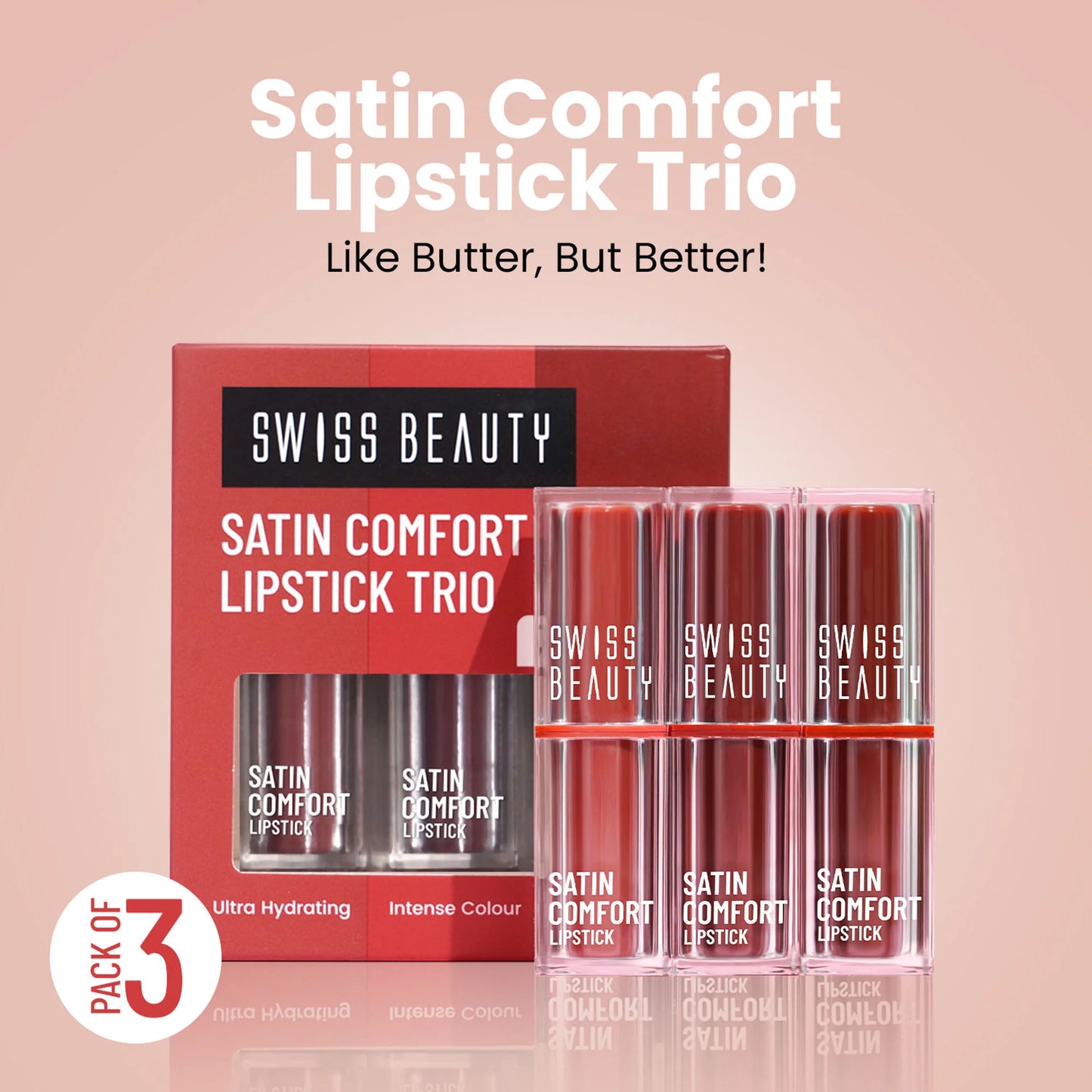 Swiss Beauty Satin Comfort Lipstick Trio 3-In-1 Combo - Nude And Brown - 9 gm