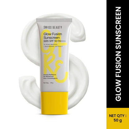 Swiss Beauty Care Glow Fusion Sunscreen SPF 50 PA++++ - 1% Niacinamide & Raspberry Extract - 50 gm