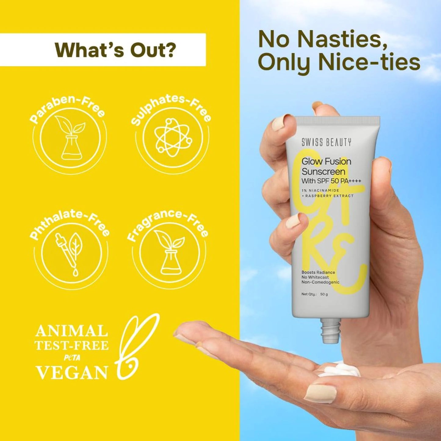 Swiss Beauty Care Glow Fusion Sunscreen SPF 50 PA++++ - 1% Niacinamide & Raspberry Extract - 50 gm