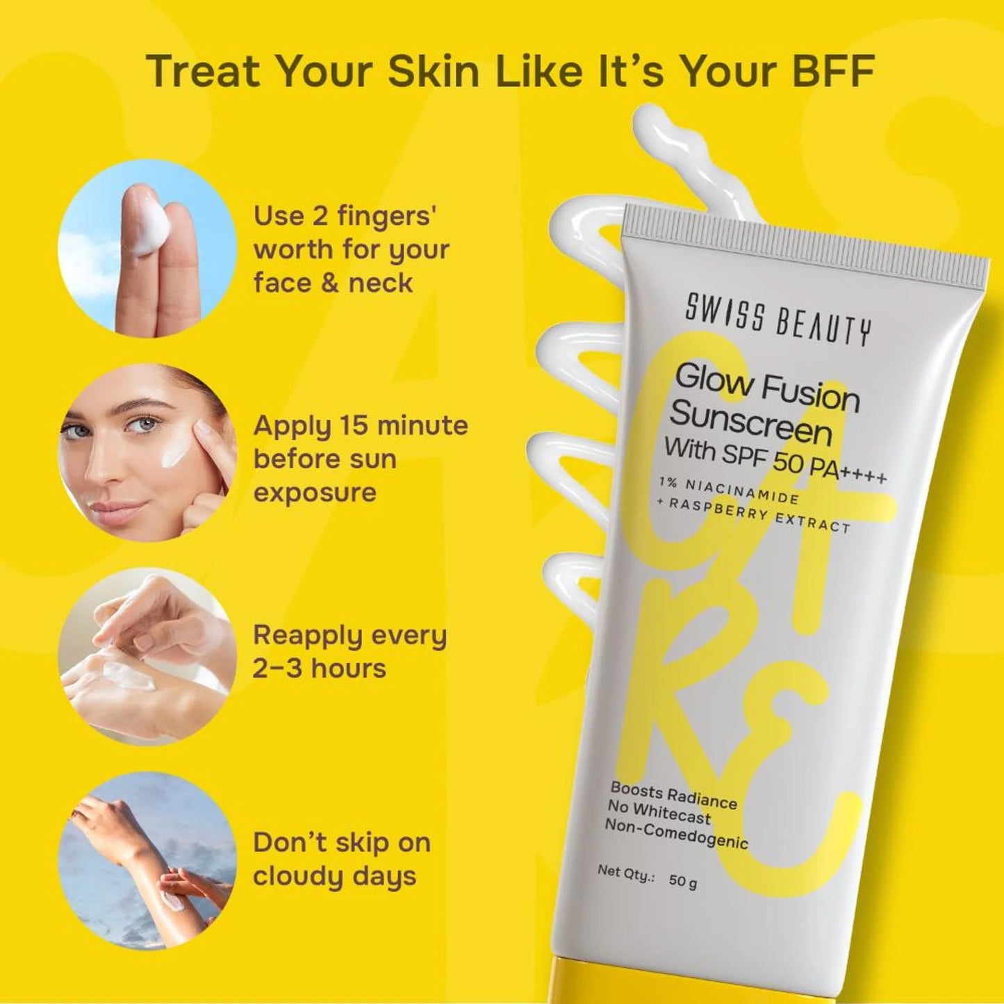 Swiss Beauty Care Glow Fusion Sunscreen SPF 50 PA++++ - 1% Niacinamide & Raspberry Extract - 50 gm