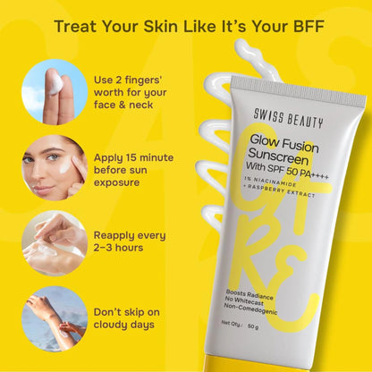 Swiss Beauty Care Glow Fusion Sunscreen SPF 50 PA++++ - 1% Niacinamide & Raspberry Extract - 50 gm