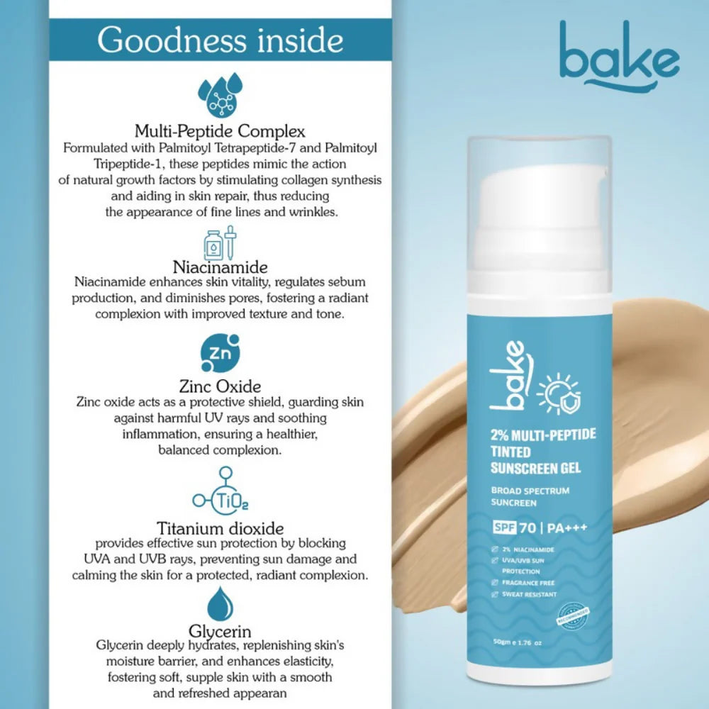 Bake 2% Multi Peptide Tinted Sunscreen Gel SPF 70 PA+++ - 50 gm