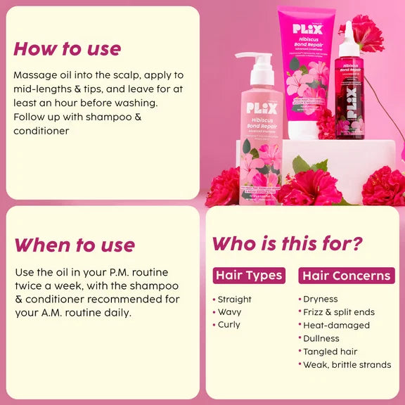 PLIX The Plant Fix Hibiscus Bond Repair Advanced Hair Oil, Shampoo & Conditioner - Combo